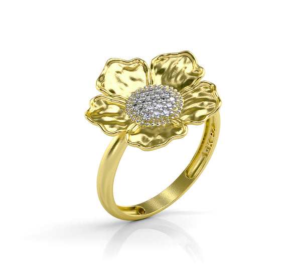 14K Gold  Organic Flower Diamond Ring, 0.1 ct