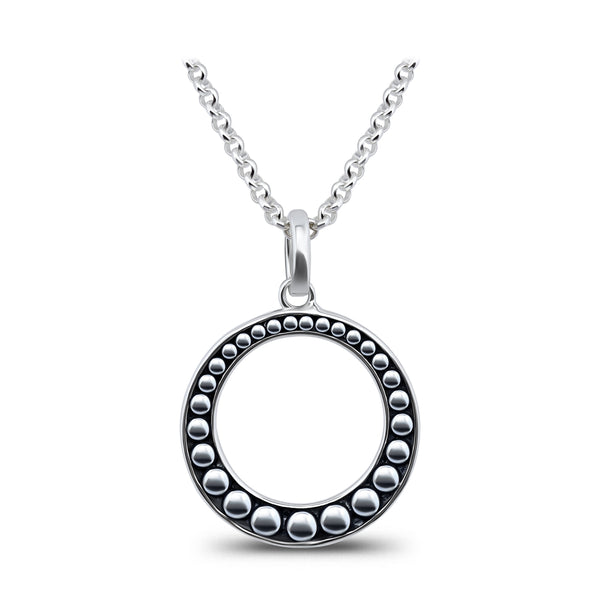 Sterling Silver Beads Textured Open Circle Pendant Necklace