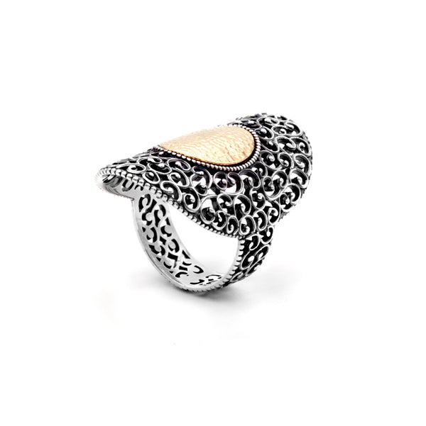 Two-Tone Scroll Motif Elongated Ring