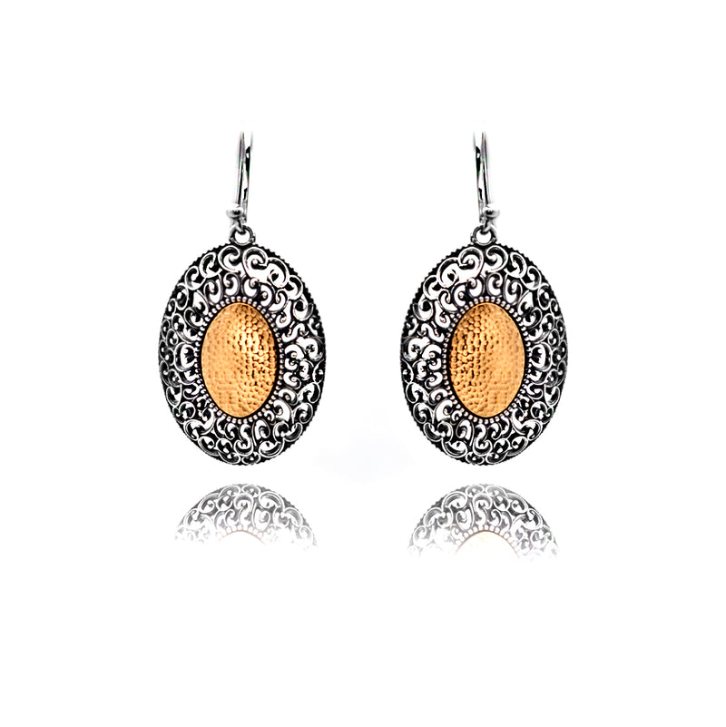 Two-Tone  Oval Scroll Design Dangle Earrings