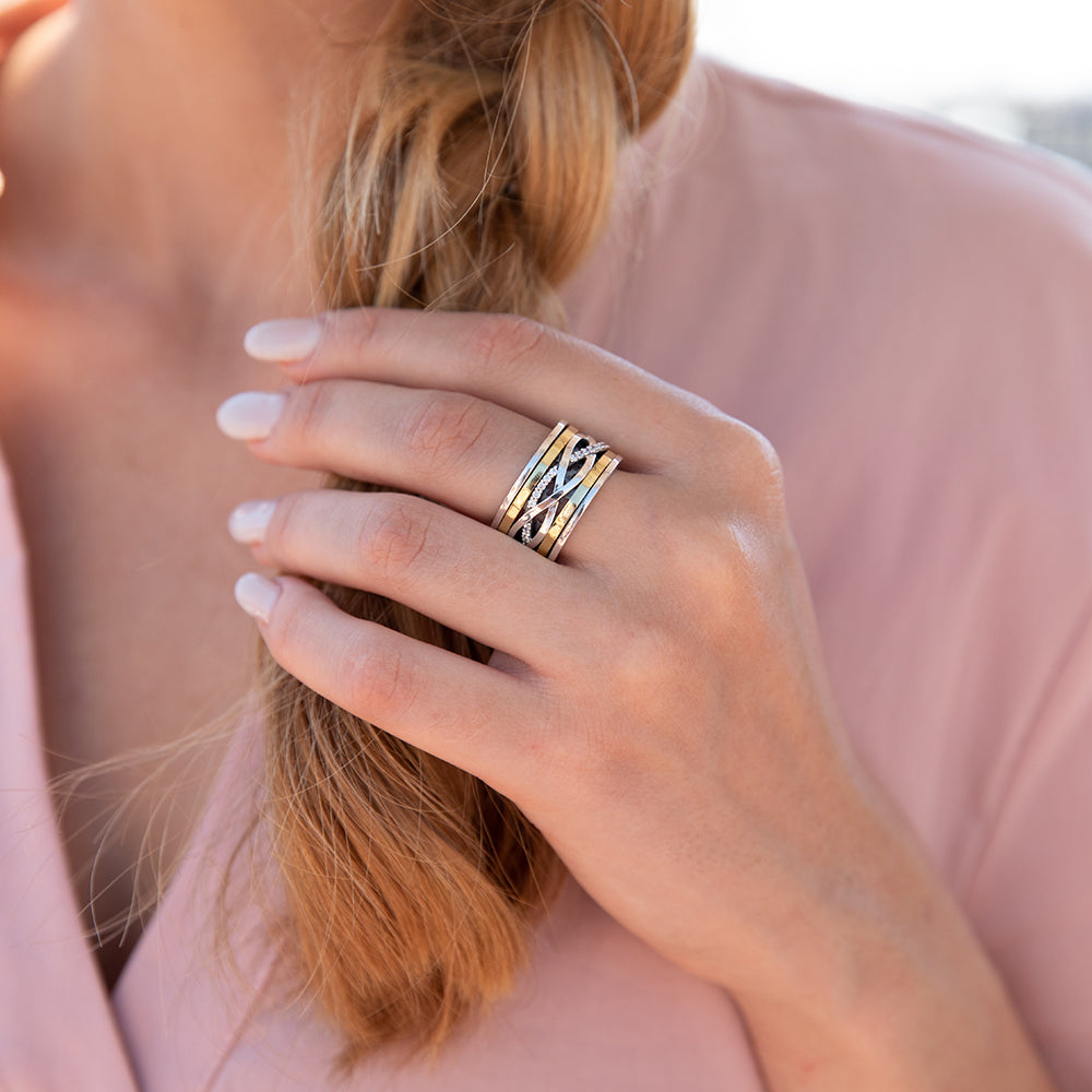 Diamonds engagement ring, Spinner Ring, 14K Gold and Silver Infinity Ring, Hammered Ring,Meditation outlets Two Tone Ring, Chunky Ring