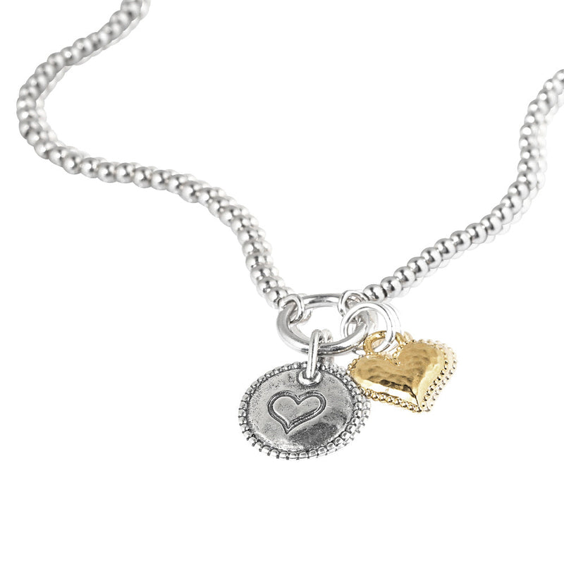 Sterling Silver Beaded Necklace with with Two Heart Charms - Danny Newfeld Collection