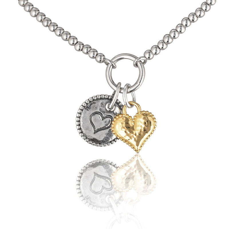 Sterling Silver Beaded Necklace with with Two Heart Charms - Danny Newfeld Collection