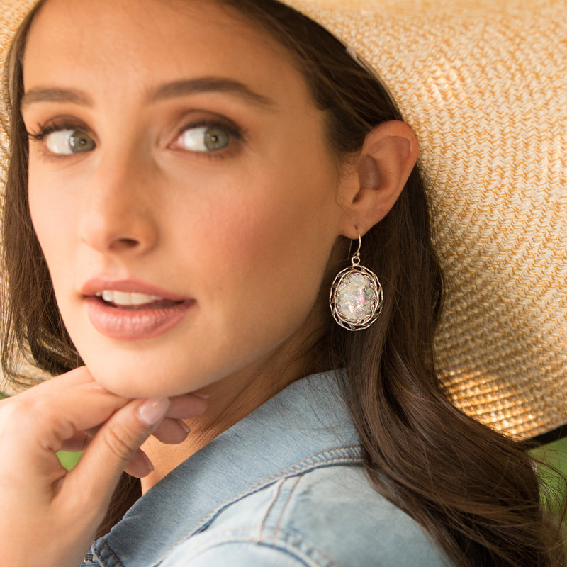 Roman Glass Oval Leaf Design Earrings