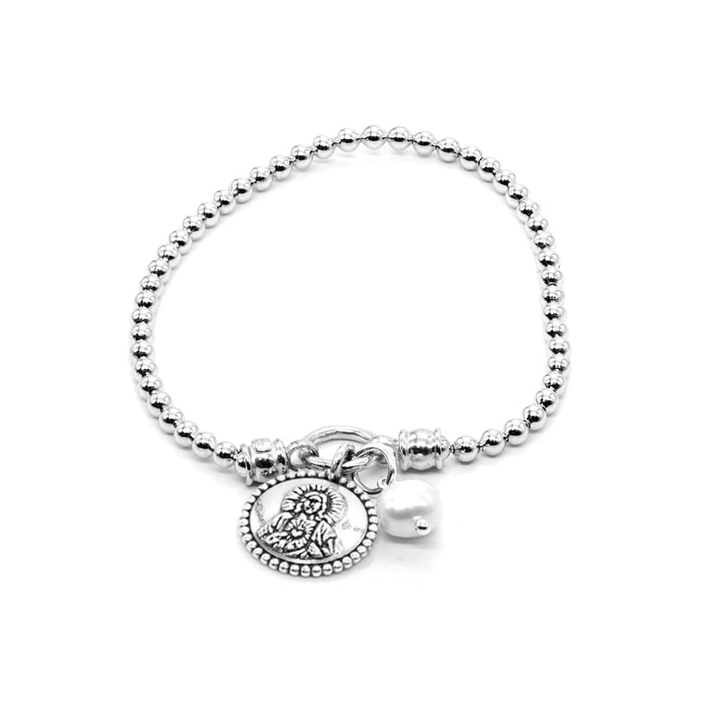 Stretch Charm Bracelet with Pearl and Saints Charm for Women